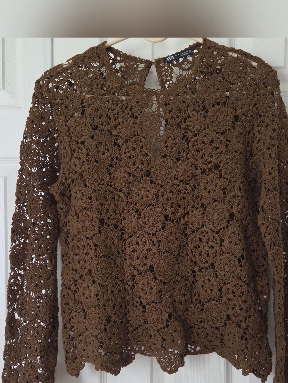 Zara Crochet Long-Sleeve Brown Boho Streetwear Sweater Size M